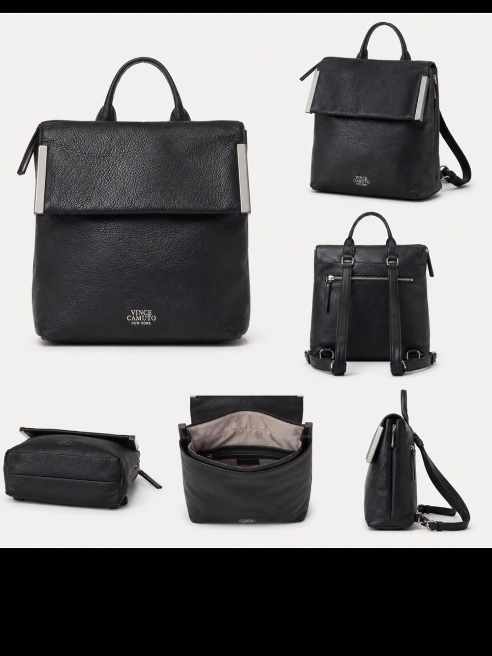 Vince Camuto Black Pebble Leather Fold-Top Backpack